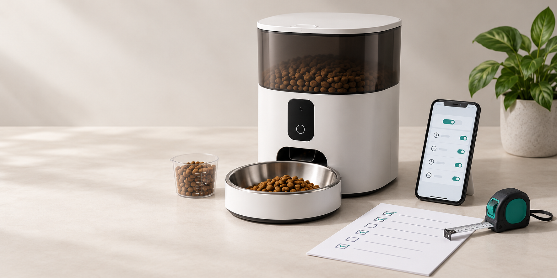 Smart pet feeder with dry food, app schedule and sourcing checklist